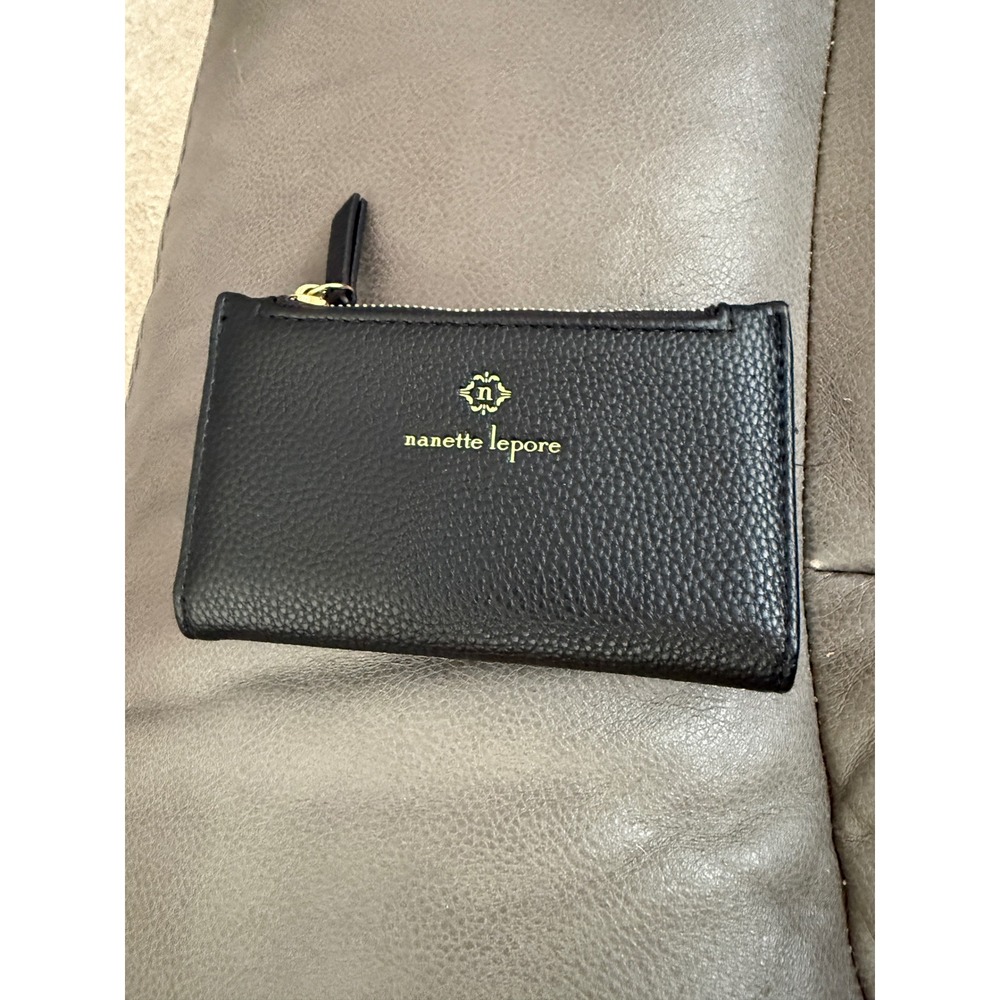 Nanette Lepore Black Pebbled Vegan Leather Bifold Wallet Gold Logo Snap Closure